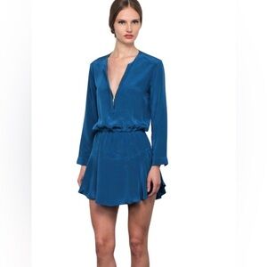 KARINA GRIMALDI 100% SILK CARO SOLID MINI DRESS TEAL SMALL BLOUSON